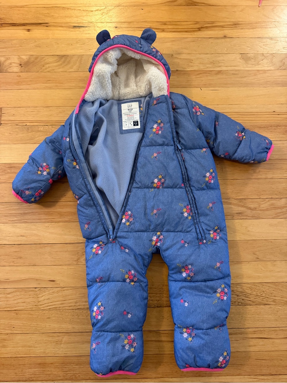 GAP Blue Floral Puffer One-Piece Snowsuit with Pink Trim